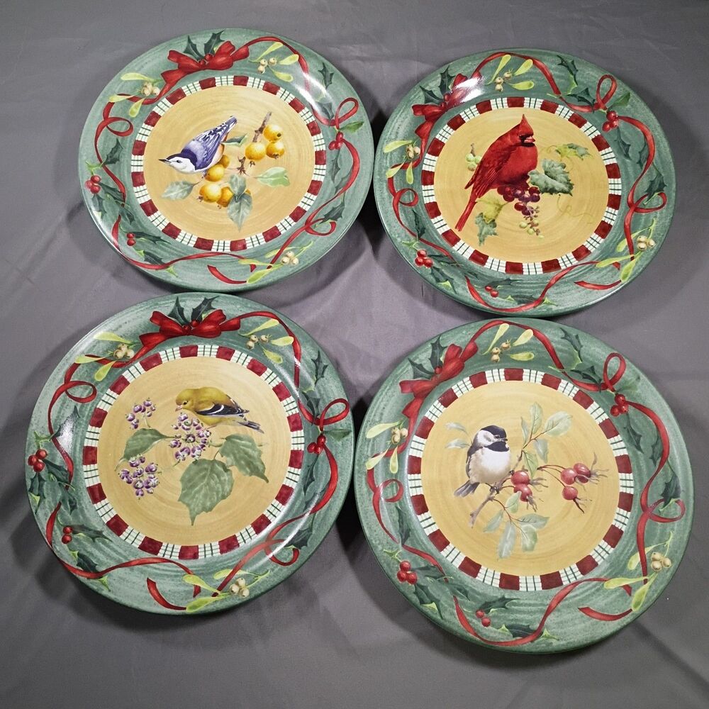 Lenox Winter Greetings Everyday Dinner Plates 10.5" Set 4 Different Birds Tartan